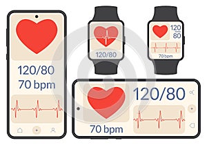 Smart phone and Smart watch with heartbeat or pulse tracker and blood pressure monitor. Fitness application deign. photo
